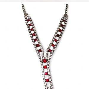 Vintage Red + Clear Rhinestone Y Lariat Silver Tone Necklace